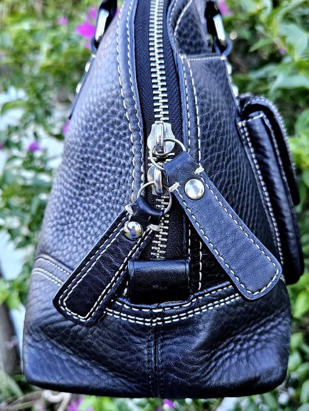 Coach Hampton Domed Satchel F13963 Black Pebbled Leather Turnlock Bag